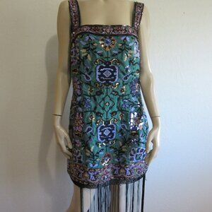 ANTHROPOLOGIE Green Cotton Beaded Fringe Sleeveless Cotton Short Dress-FLAWS!